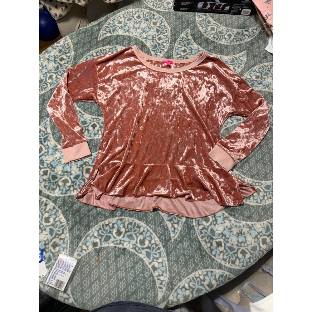 Y2K Betsey Johnson Dusty Rose Crushed Velvet Peplum Top Long Sleeve Pink Small